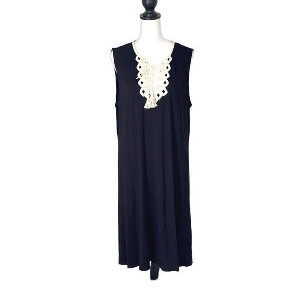 Max Studio Womens Shift Dress Sleeveless Embroidered Lace Tassel Black Size XL